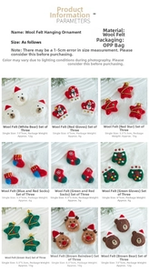Detailed collection of 9 festive wool felt Christmas tree ornaments with soft textures