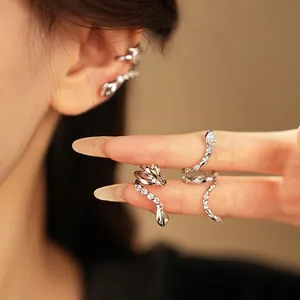 Silver snake-shaped ring and ear cuff set with pavé cubic zirconia for women