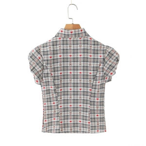 Retro plaid short sleeve shirt with heart and bear patterns, back view of puff sleeves