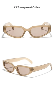 Detailed views of C3 transparent brown Y2K cat eye sunglasses from multiple angles