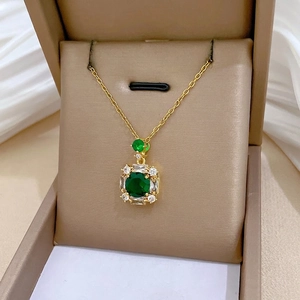 Elegant gold-plated emerald square pendant necklace with zirconia in a jewelry gift box