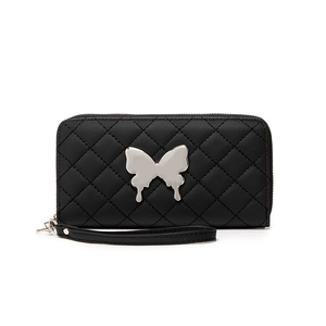 Black quilted long wallet featuring silver butterfly decoration and wrist strap on white