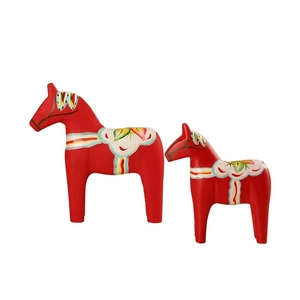 Nordic style red Dala Horse wooden ornaments set with colorful floral folk patterns