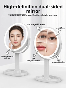 Detail of LED makeup mirror showing dual-sided rotation and 5X 10X 20X 30X magnification