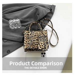 Detailed top view of leopard print crossbody bag with mini pouch and size reference