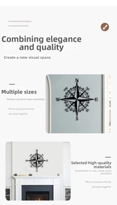 Detail of black metal compass wall art with cutout design above a cozy fireplace