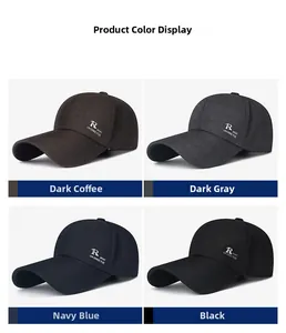 Detail view of four-color baseball caps with R-Sport embroidery in navy, black and grey