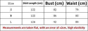 Detailed size chart for women's striped maxi dress with length, bust, and waist dimensions