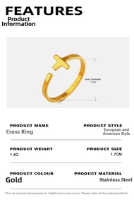 Detailed view of adjustable gold cross ring with 1.7cm inner diameter and 1.4g weight