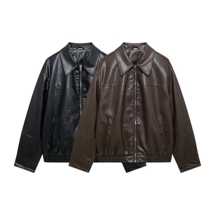 Chaqueta Bomber De Cuero Sintético Para Mujer Retro Cuello De Solapa Cremallera Casual Vintage Streetwear
