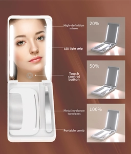 Detail showing portable LED makeup mirror with three adjustable brightness levels and tools
