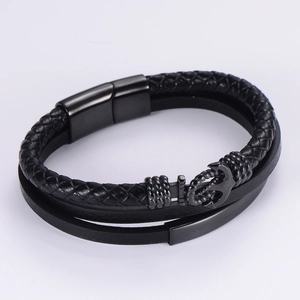 Men's multilayer black leather anchor bracelet with a secure magnetic clasp