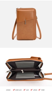 Internal structure of brown leather crossbody phone bag with card slots and cash compartments