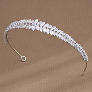 Sparkling silver leaf bridal headband with marquise and round cubic zirconia stones