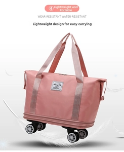 Pink waterproof travel bag with spinner wheels and lightweight construction details