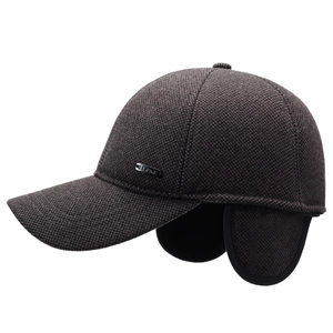 Men's winter wool baseball cap with ear flaps and thick thermal fabric in dark coffee