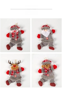 Detail view of four plush Christmas ornaments featuring Santa, Snowman, Deer and Bear