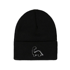 Classic black knitted beanie with a cute white dinosaur embroidery on the folded cuff