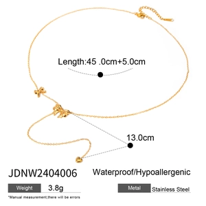 Detail showing 18K gold stainless steel Y-necklace dimensions and waterproof features
