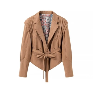 Women's brown suede moto jacket with belted waist and boho print lining for street style