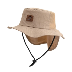 Kids quick-dry sun hat with neck flap and mesh vents for UV protection in khaki color