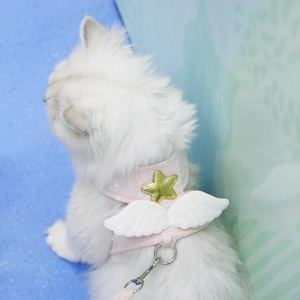 Harnais rose pour chat avec ailes d'ange blanches et étoiles dorées sur un chat