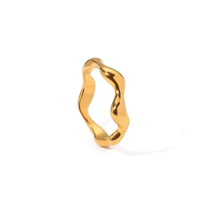 Minimalist gold titanium steel ring with an irregular wave design on white background
