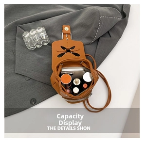 Sac seau vintage en cuir marron avec intérieur spacieux pour cosmétiques et téléphone
