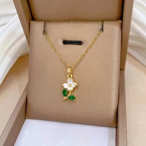 Flower Pendant Necklace Stainless Steel Chain Copper Zircon White Enamel Green Leaf Floral Elegant Jewelry For Women