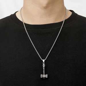 Vintage Thor's Hammer Mjölnir pendant necklace in silver stainless steel for men