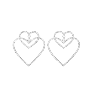 Luxurious silver double heart earrings with sparkling pavé crystals for women