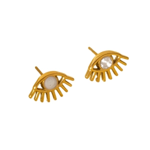 Gold-plated 304 stainless steel eye-shaped stud earrings with white inlay detail