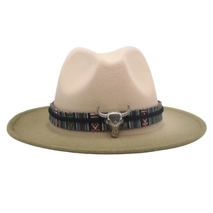 Detail of western fedora featuring ethnic braided band and silver bull head buckle