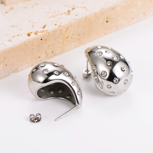 Silver teardrop earrings with crystals on stone base, showing front and back view