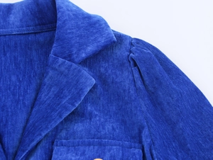 Dettaglio del risvolto e della spalla a sbuffo plissettata sull'abito in velluto blu