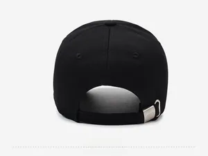 Detailed back view of a black baseball cap featuring an adjustable metal buckle strap