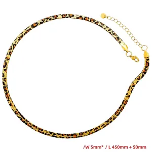 Gold-plated 5mm flat snake bone chain necklace with leopard print and lobster clasp