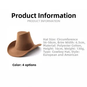 Detail showing dimensions of dark brown western cowboy hat with a high crown and wool-like texture