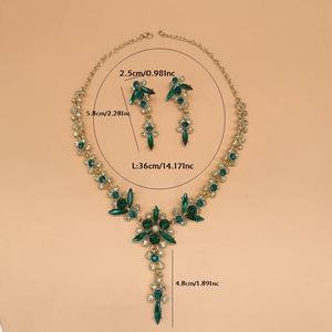 Detailed dimensions of crystal necklace and earring set with emerald green rhinestones