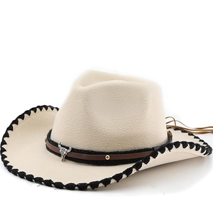 Beige wool western cowboy hat with cattle head metal ornament and braided rim