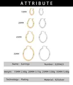 Size chart showing 925 silver hoop earrings dimensions from 15mm to 35mm with weights