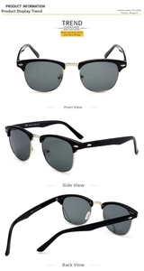 Three views of unisex retro semi-rimless polarized sunglasses with silver metal bridge