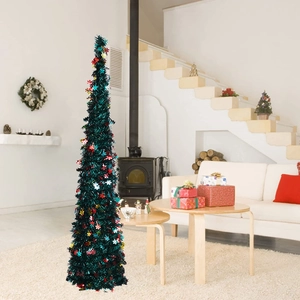 Detail of dark green collapsible tinsel Christmas tree with colorful snowflake accents