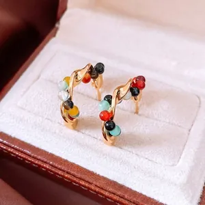 Vintage C Shape Hoop Earrings Multicolor Agate Beads With 925 Sterling Silver Earring Post For Women Retro Jewelry