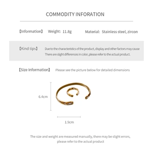 Size specifications for gold stainless steel water drop zircon ring and open bangle set