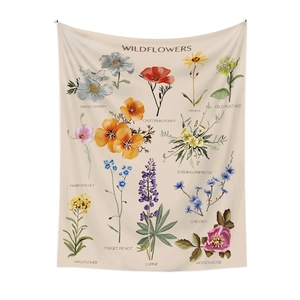 Close-up of vintage wildflower botanical tapestry with detailed floral fabric texture