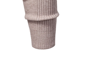 Close-up of the elastic ribbed cuff on a khaki knitted sweater with fine vertical texture