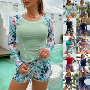 Women Rash Guard Swimsuit Long Sleeve Sun Protection Surfing Tropical Print Sporty Beachwear Nylon Quick Dry Stretch Swimwear
