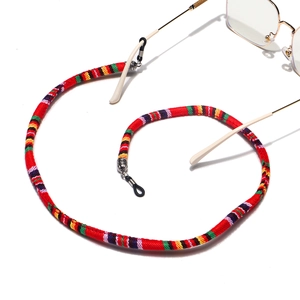 Colorful woven anti-slip eyeglasses cord with red, yellow, and green ethnic stripe patterns