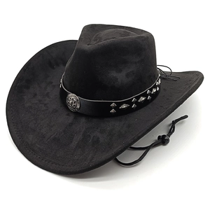 Close-up of black suede cowboy hat featuring silver studs and a metallic bull buckle